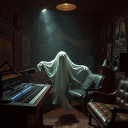 A haunted podcast studio featuring a lost soul, depicted as a ghostly figure drifting through the space