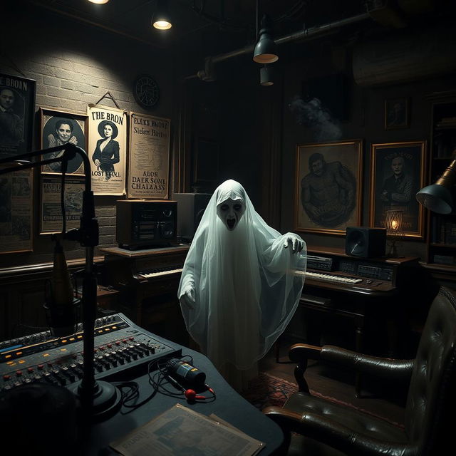 A haunted podcast studio featuring a lost soul, depicted as a ghostly figure drifting through the space