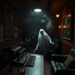 A haunted podcast studio featuring a lost soul, depicted as a ghostly figure drifting through the space