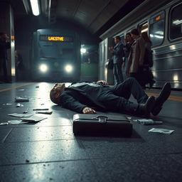 A poignant scene set in a subway station, focusing on a man lying motionless on the platform floor, surrounded by discarded newspapers and a single briefcase