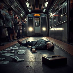 A poignant scene set in a subway station, focusing on a man lying motionless on the platform floor, surrounded by discarded newspapers and a single briefcase