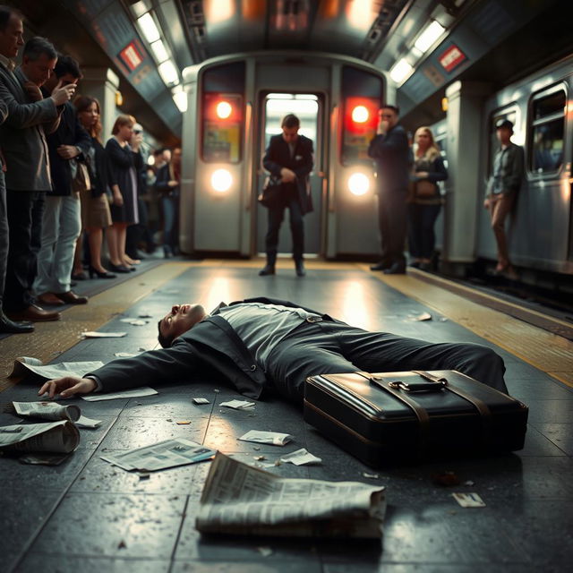 A poignant scene set in a subway station, focusing on a man lying motionless on the platform floor, surrounded by discarded newspapers and a single briefcase