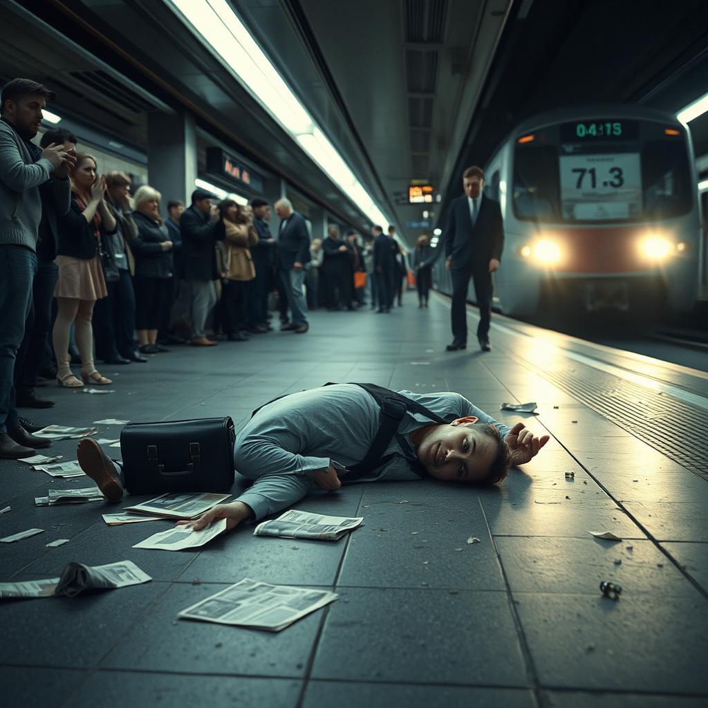 A poignant scene set in a subway station, focusing on a man lying motionless on the platform floor, surrounded by discarded newspapers and a single briefcase