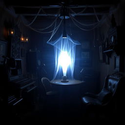 A haunted podcast studio infused with a mystical soul light, glowing faintly in the dim surroundings