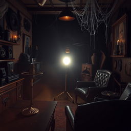 A haunted podcast studio infused with a mystical soul light, glowing faintly in the dim surroundings