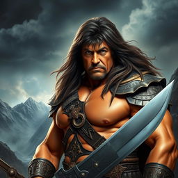 A hyper-realistic portrait of Sylvester Stallone as Conan the Barbarian, showcasing his muscular physique, long flowing hair, and fierce expression