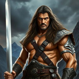 A hyper-realistic portrait of Sylvester Stallone as Conan the Barbarian, showcasing his muscular physique, long flowing hair, and fierce expression