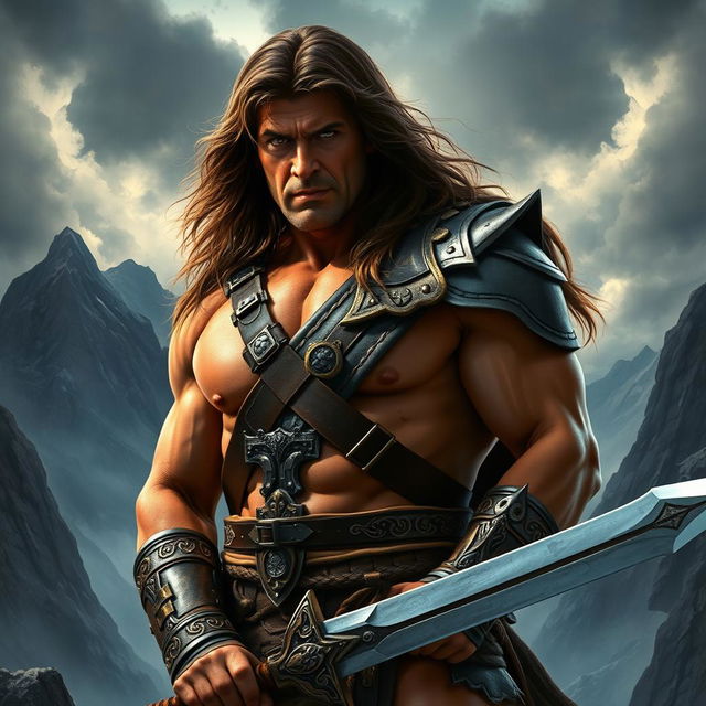 A hyper-realistic portrait of Sylvester Stallone as Conan the Barbarian, showcasing his muscular physique, long flowing hair, and fierce expression