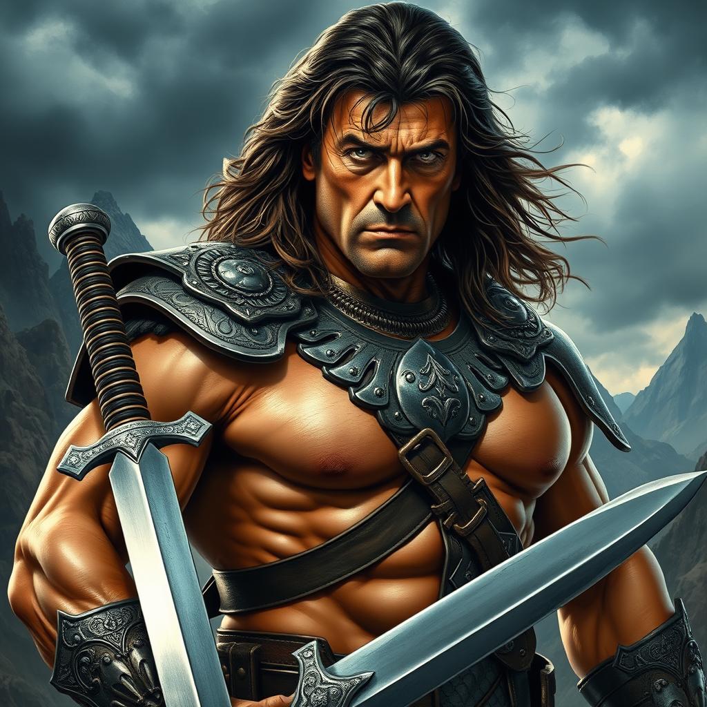 A hyper-realistic portrait of Sylvester Stallone as Conan the Barbarian, showcasing his muscular physique, long flowing hair, and fierce expression