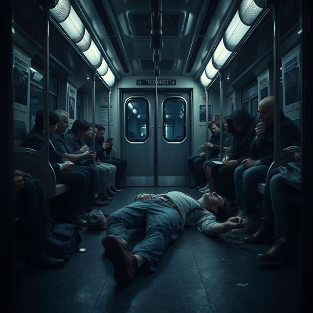 A haunting scene inside a subway train, depicting a man lying motionless on the floor of the carriage