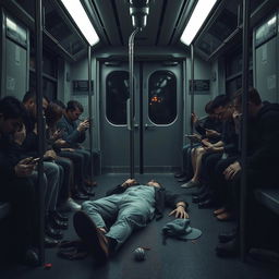 A haunting scene inside a subway train, depicting a man lying motionless on the floor of the carriage