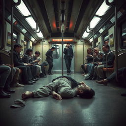 A haunting scene inside a subway train, depicting a man lying motionless on the floor of the carriage