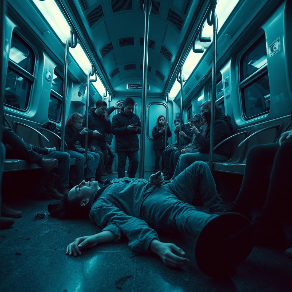 A haunting scene inside a subway train, depicting a man lying motionless on the floor of the carriage