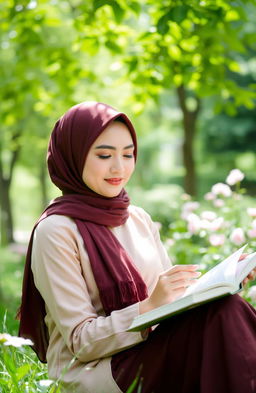 Aira, a young Muslim woman, elegantly dressed in a stylish hijab, sits in a serene park surrounded by lush greenery