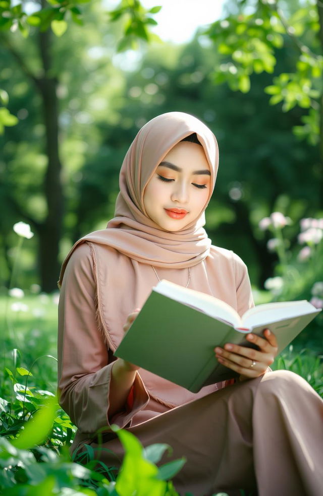 Aira, a young Muslim woman, elegantly dressed in a stylish hijab, sits in a serene park surrounded by lush greenery