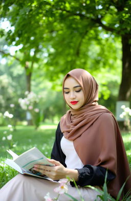 Aira, a young Muslim woman, elegantly dressed in a stylish hijab, sits in a serene park surrounded by lush greenery