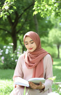 Aira, a young Muslim woman, elegantly dressed in a stylish hijab, sits in a serene park surrounded by lush greenery