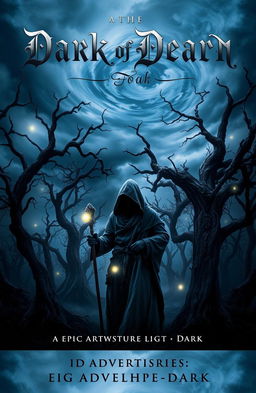 A dark fantasy book cover featuring a mysterious, mist-shrouded forest at twilight