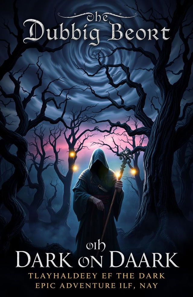 A dark fantasy book cover featuring a mysterious, mist-shrouded forest at twilight