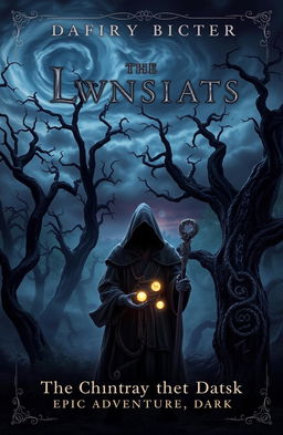 A dark fantasy book cover featuring a mysterious, mist-shrouded forest at twilight