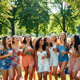 A vibrant and lively outdoor scene featuring a group of diverse young women enjoying a sunny day at a park