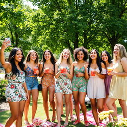 A vibrant and lively outdoor scene featuring a group of diverse young women enjoying a sunny day at a park