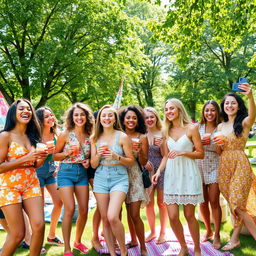 A vibrant and lively outdoor scene featuring a group of diverse young women enjoying a sunny day at a park