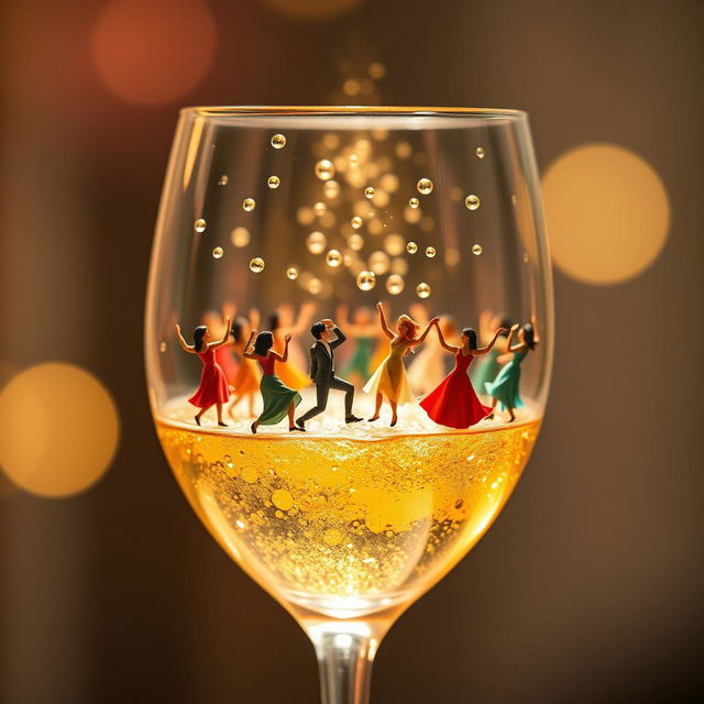 A vibrant scene depicting microscopic people joyfully dancing inside a glass of champagne, capturing ultra-realistic details such as tiny sparkling bubbles ascending in the golden liquid