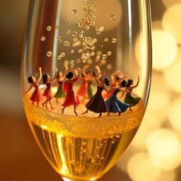 A vibrant scene depicting microscopic people joyfully dancing inside a glass of champagne, capturing ultra-realistic details such as tiny sparkling bubbles ascending in the golden liquid