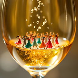 A vibrant scene depicting microscopic people joyfully dancing inside a glass of champagne, capturing ultra-realistic details such as tiny sparkling bubbles ascending in the golden liquid