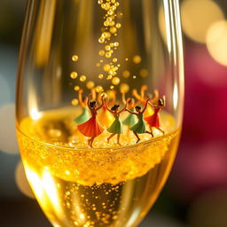 A vibrant scene depicting microscopic people joyfully dancing inside a glass of champagne, capturing ultra-realistic details such as tiny sparkling bubbles ascending in the golden liquid