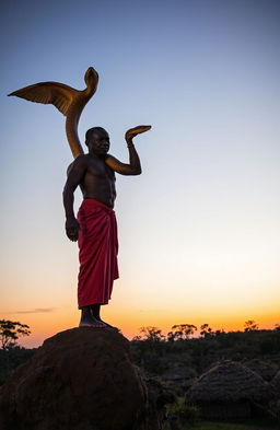 A traditional African man around 50 years old, muscular and strong, standing on top of a tall river bank at dusk