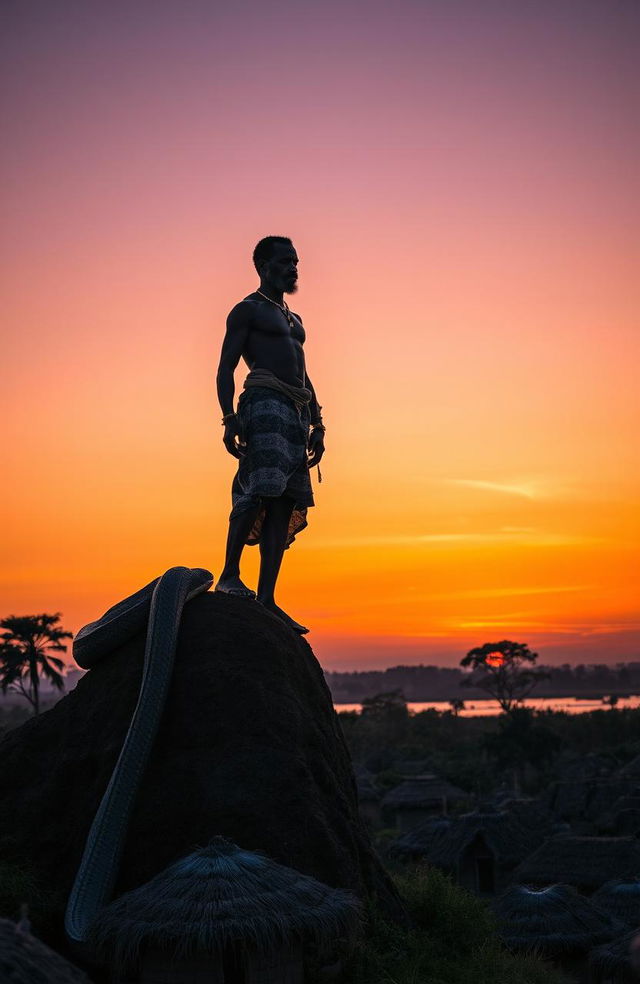 A traditional African man around 50 years old, muscular and strong, standing on top of a tall river bank at dusk