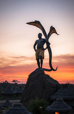 A traditional African man around 50 years old, muscular and strong, standing on top of a tall river bank at dusk