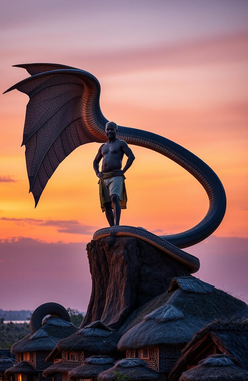 A traditional African man around 50 years old, muscular and strong, standing on top of a tall river bank at dusk