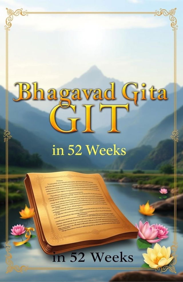 A visually appealing book cover design titled 'Bhagavad Gita in 52 Weeks' featuring a serene and spiritual theme