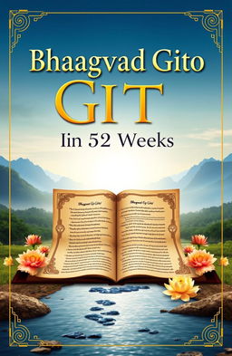 A visually appealing book cover design titled 'Bhagavad Gita in 52 Weeks' featuring a serene and spiritual theme