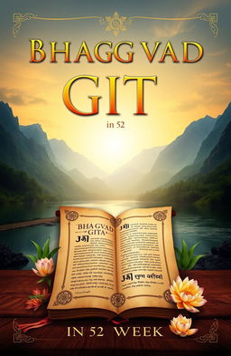 A visually appealing book cover design titled 'Bhagavad Gita in 52 Weeks' featuring a serene and spiritual theme