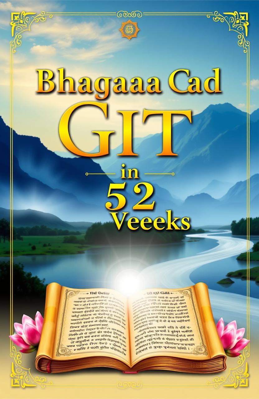 A visually appealing book cover design titled 'Bhagavad Gita in 52 Weeks' featuring a serene and spiritual theme