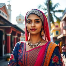 A beautiful Indian Muslim woman in a vibrant traditional outfit, showcasing intricate embroidery and patterns