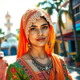 A beautiful Indian Muslim woman in a vibrant traditional outfit, showcasing intricate embroidery and patterns