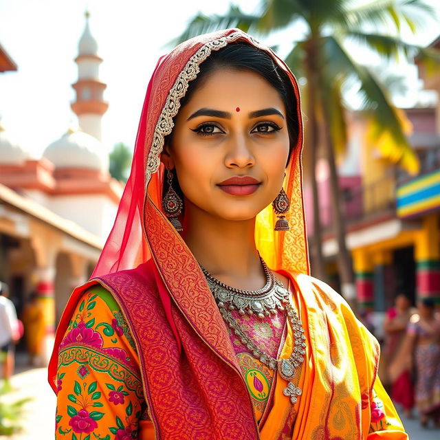 A beautiful Indian Muslim woman in a vibrant traditional outfit, showcasing intricate embroidery and patterns