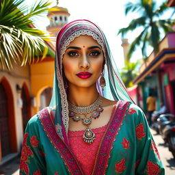 A beautiful Indian Muslim woman in a vibrant traditional outfit, showcasing intricate embroidery and patterns