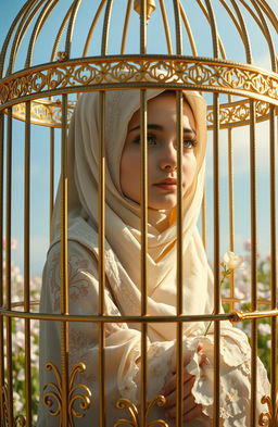 A poignant scene depicting a young Muslim girl delicately dressed in a traditional hijab, sitting gracefully in a golden, ornately designed cage