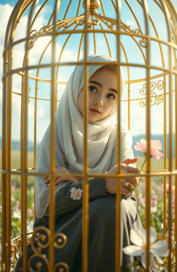 A poignant scene depicting a young Muslim girl delicately dressed in a traditional hijab, sitting gracefully in a golden, ornately designed cage