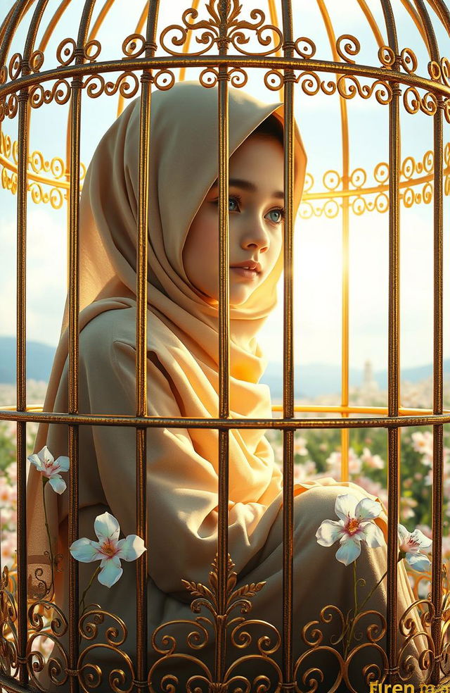 A poignant scene depicting a young Muslim girl delicately dressed in a traditional hijab, sitting gracefully in a golden, ornately designed cage