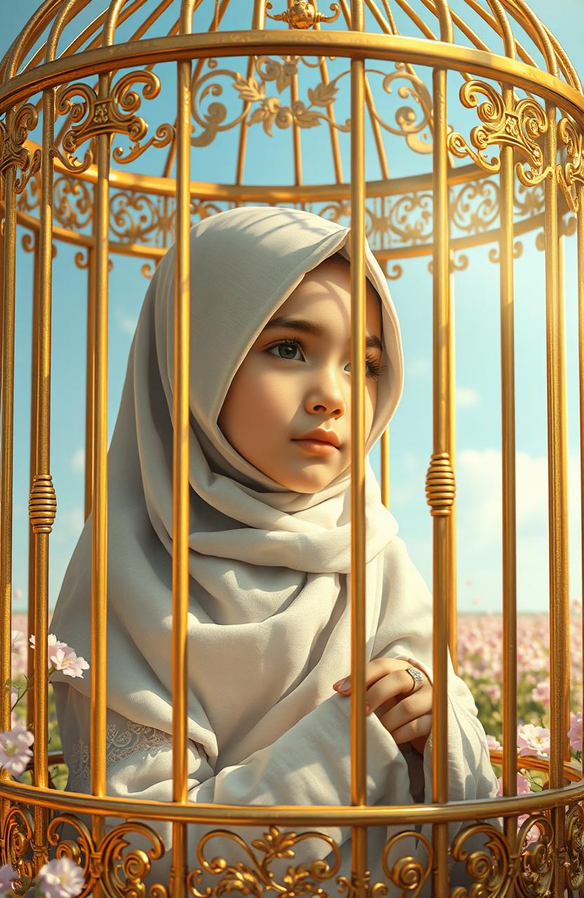 A poignant scene depicting a young Muslim girl delicately dressed in a traditional hijab, sitting gracefully in a golden, ornately designed cage