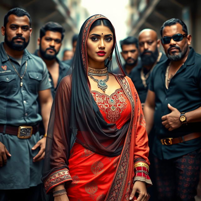 A seductive Indian woman dressed in traditional Muslim attire, showcasing elegant details like intricate embroidery and a lovely hijab, surrounded by a confident group of muscular men from a gang culture