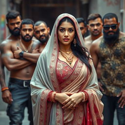 A seductive Indian woman dressed in traditional Muslim attire, showcasing elegant details like intricate embroidery and a lovely hijab, surrounded by a confident group of muscular men from a gang culture