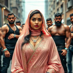 A seductive Indian woman dressed in traditional Muslim attire, showcasing elegant details like intricate embroidery and a lovely hijab, surrounded by a confident group of muscular men from a gang culture